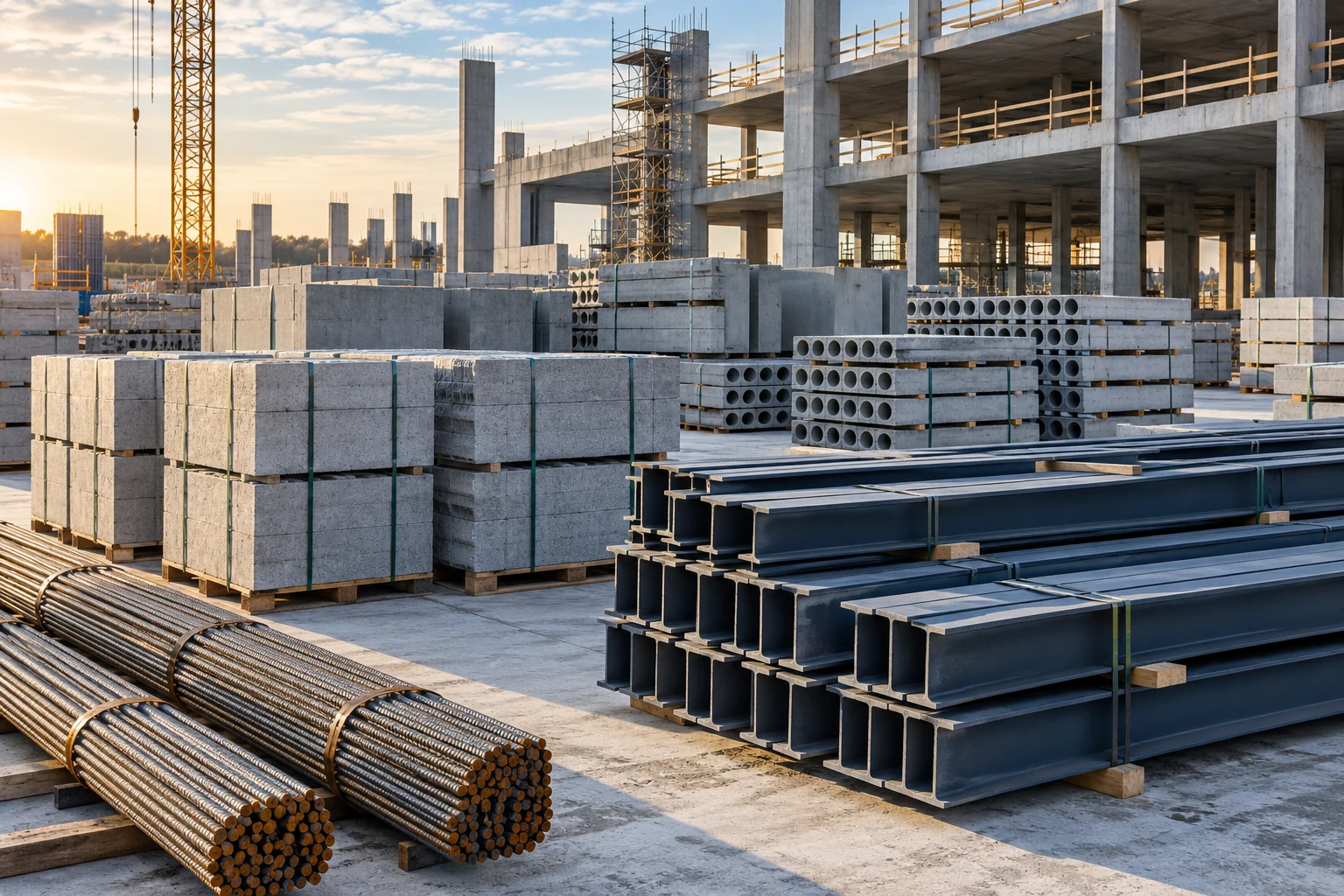 Building materials, precast concrete and steel arranged for commercial construction