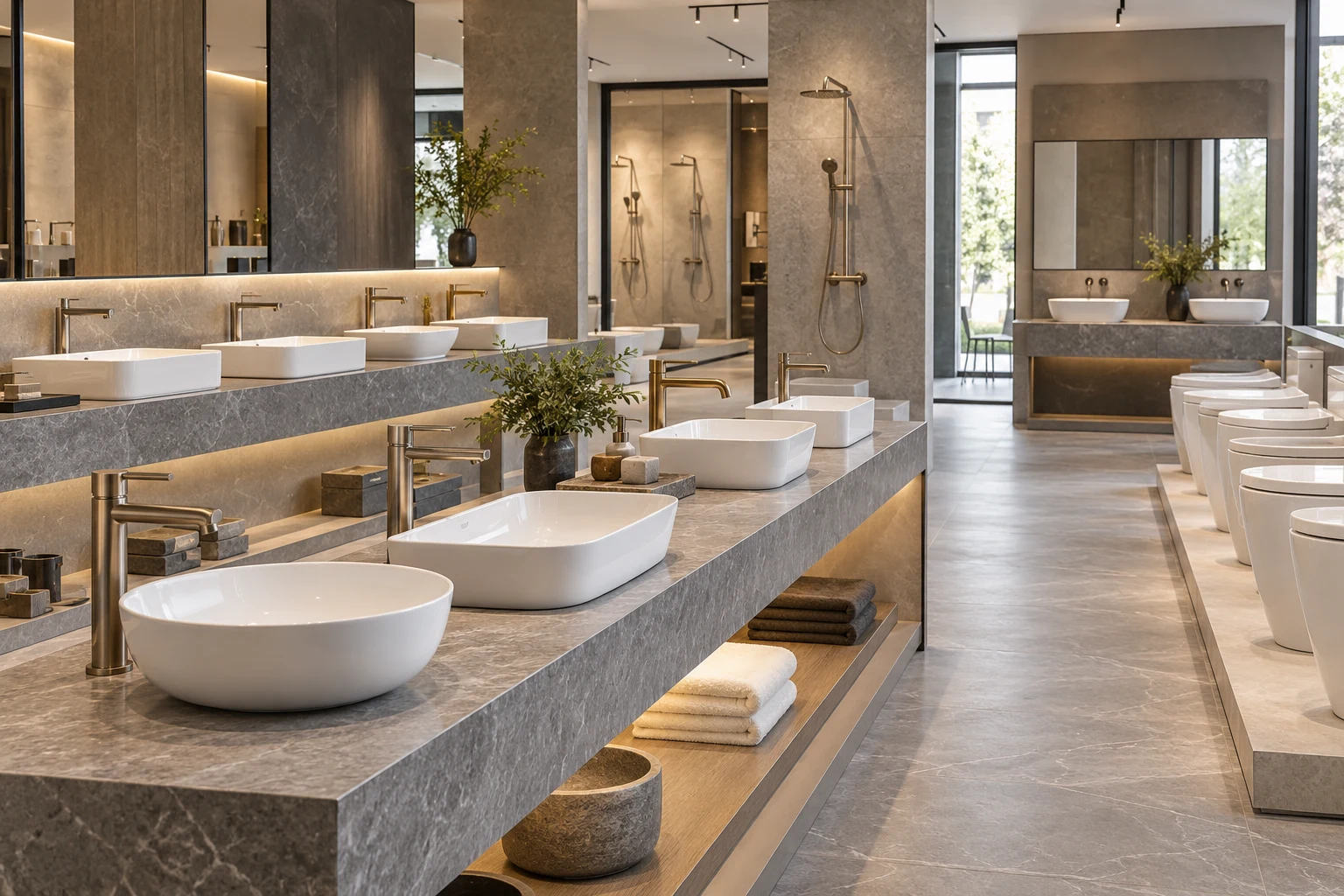 Basins and fixtures displayed in a sanitary product showroom